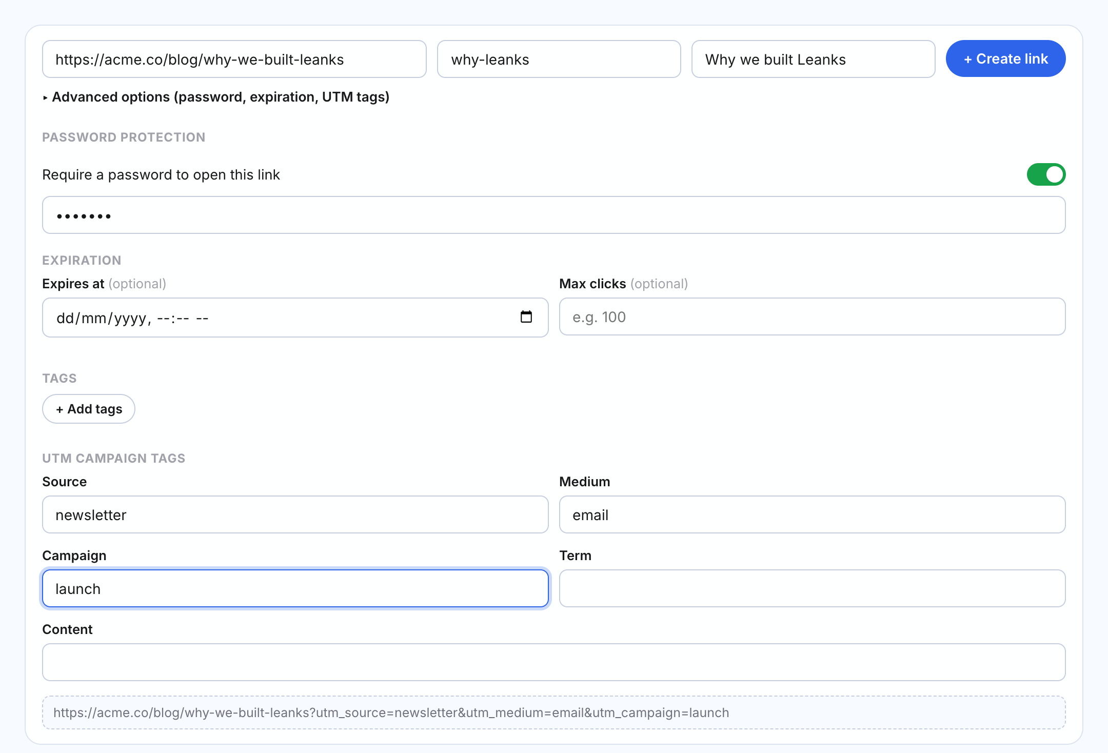 The create-link form with password protection, expiration, tags and UTM campaign fields, and a live preview of the final URL