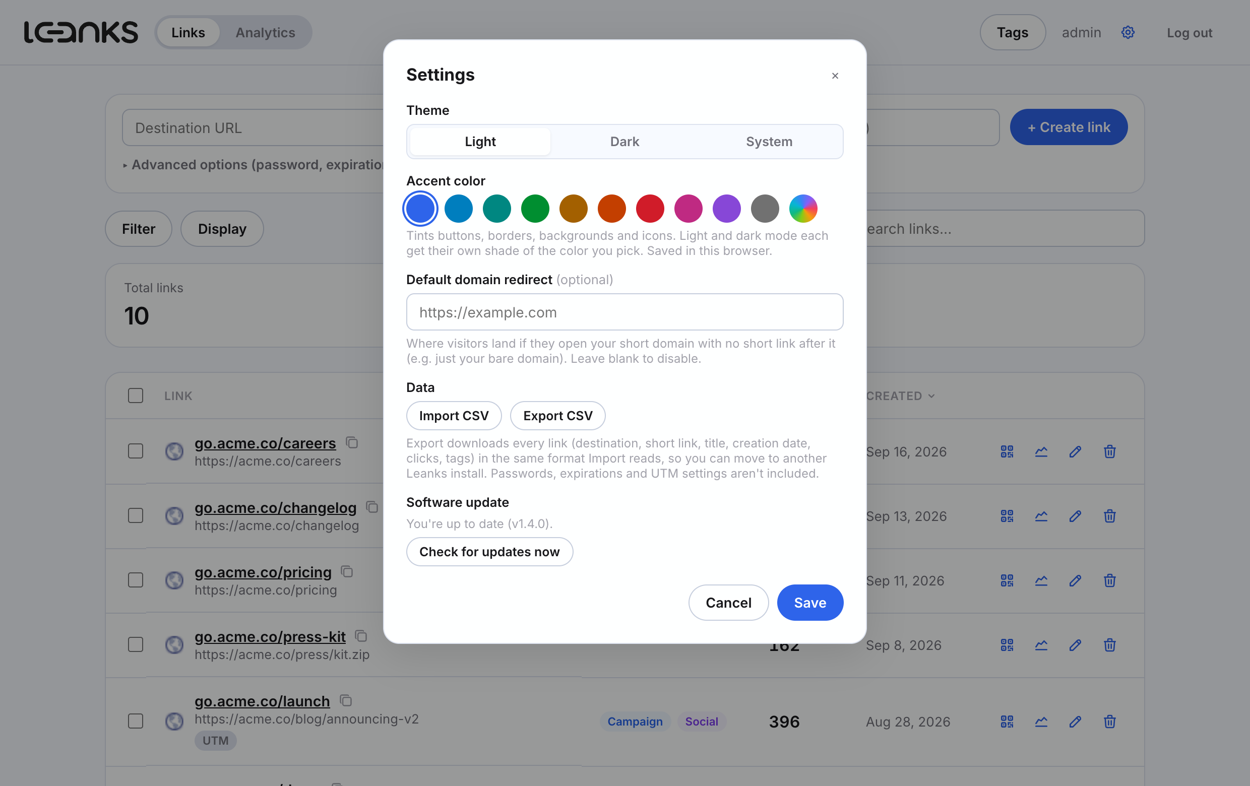 The settings page: theme, accent color, default domain redirect, and CSV import and export